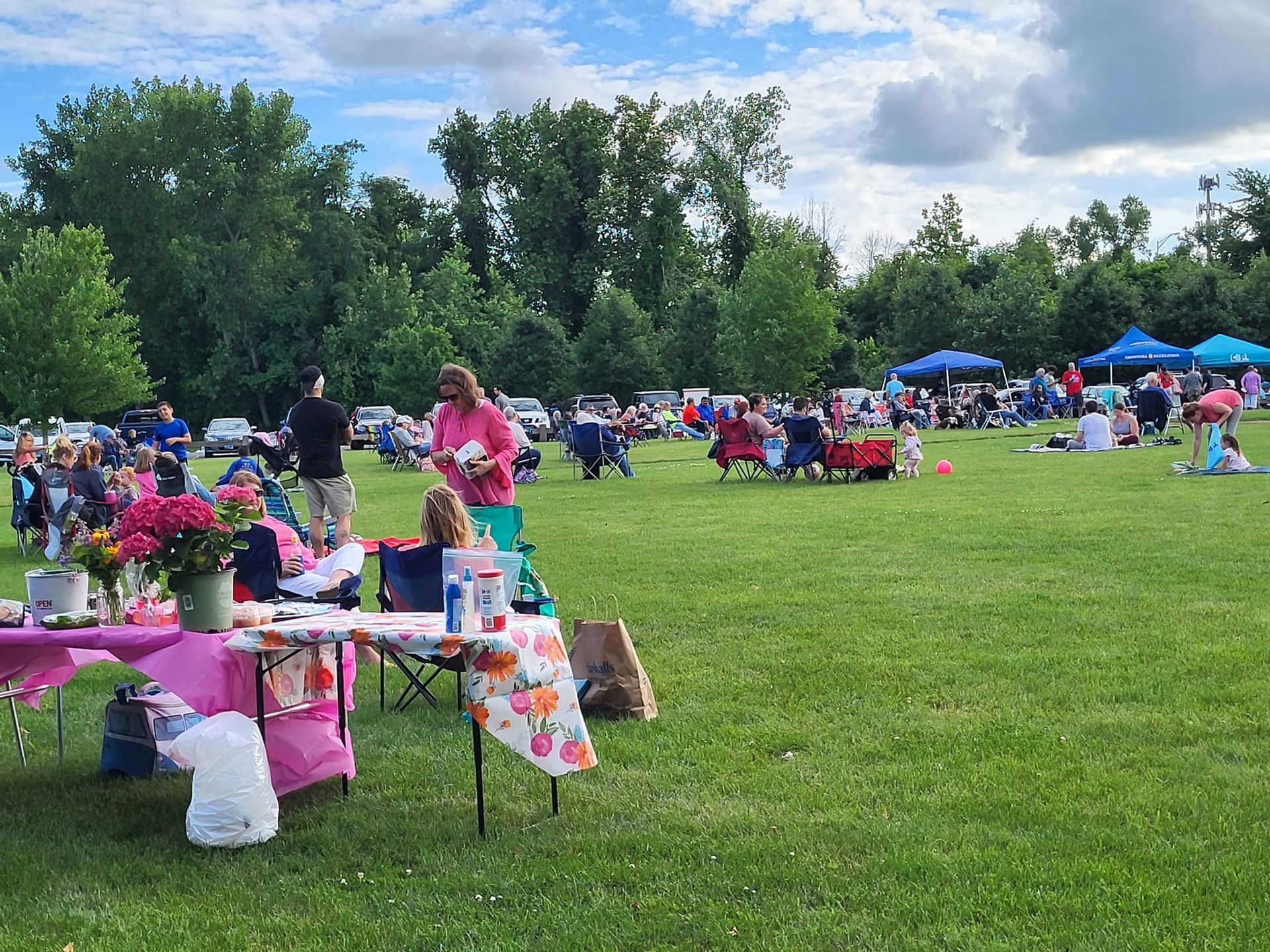 People gather on a grassy park for an outdoor event with tables, chairs, and colorful tents under a partly cloudy sky.