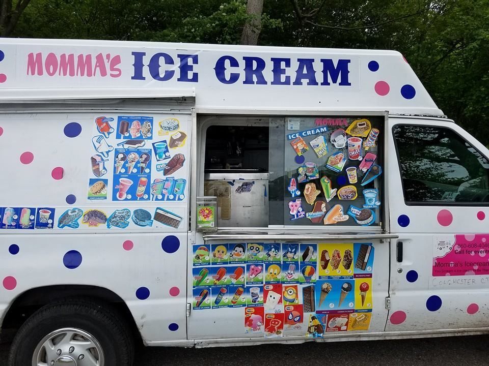A white ice cream truck decorated with colorful polka dots, featuring numerous ice cream product posters on its side.