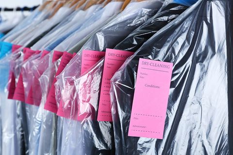 row of dry cleaned clothes