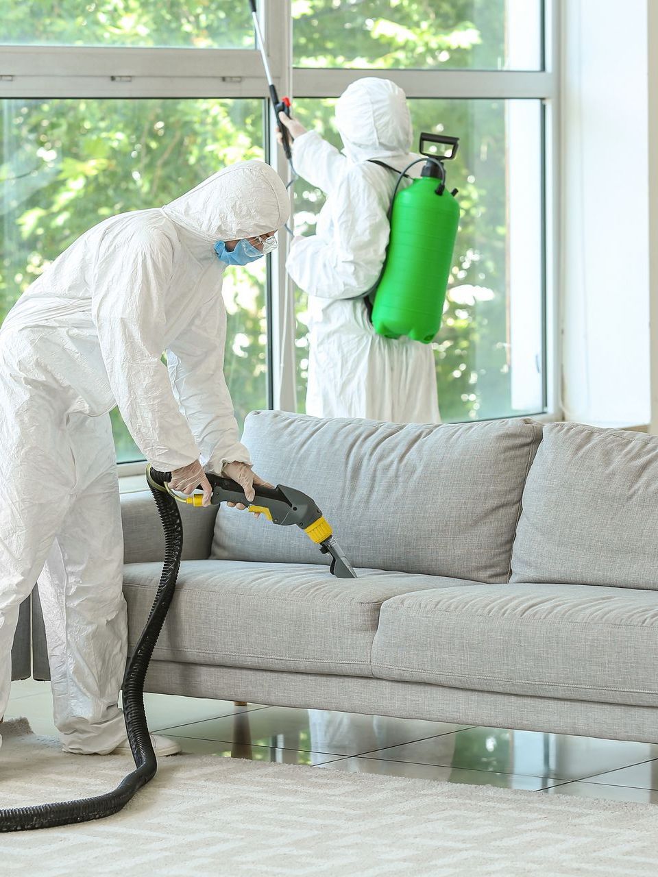 Two men in protective suits are disinfecting a couch in a living room.