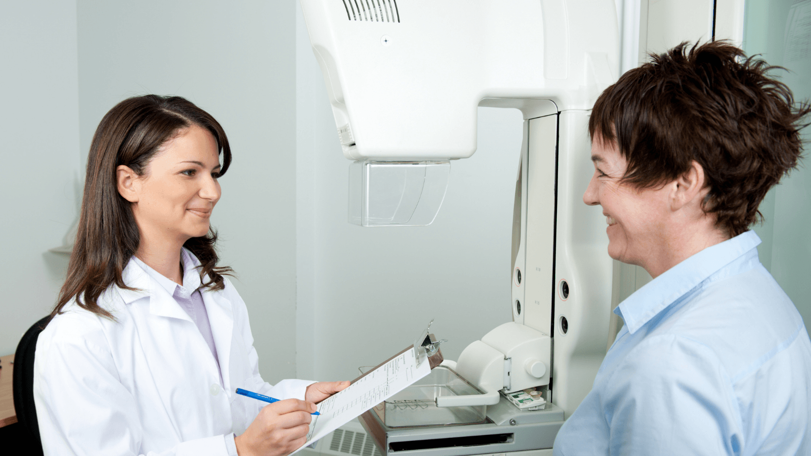 A Patient preparing for a Mammogram with her doctor