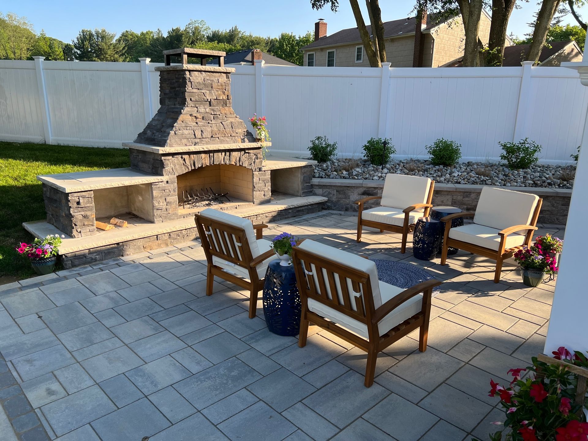 Outdoor Fire Place With Foam Cushioned Chairs — Middletown, Nj — Precision Landscape Contractors