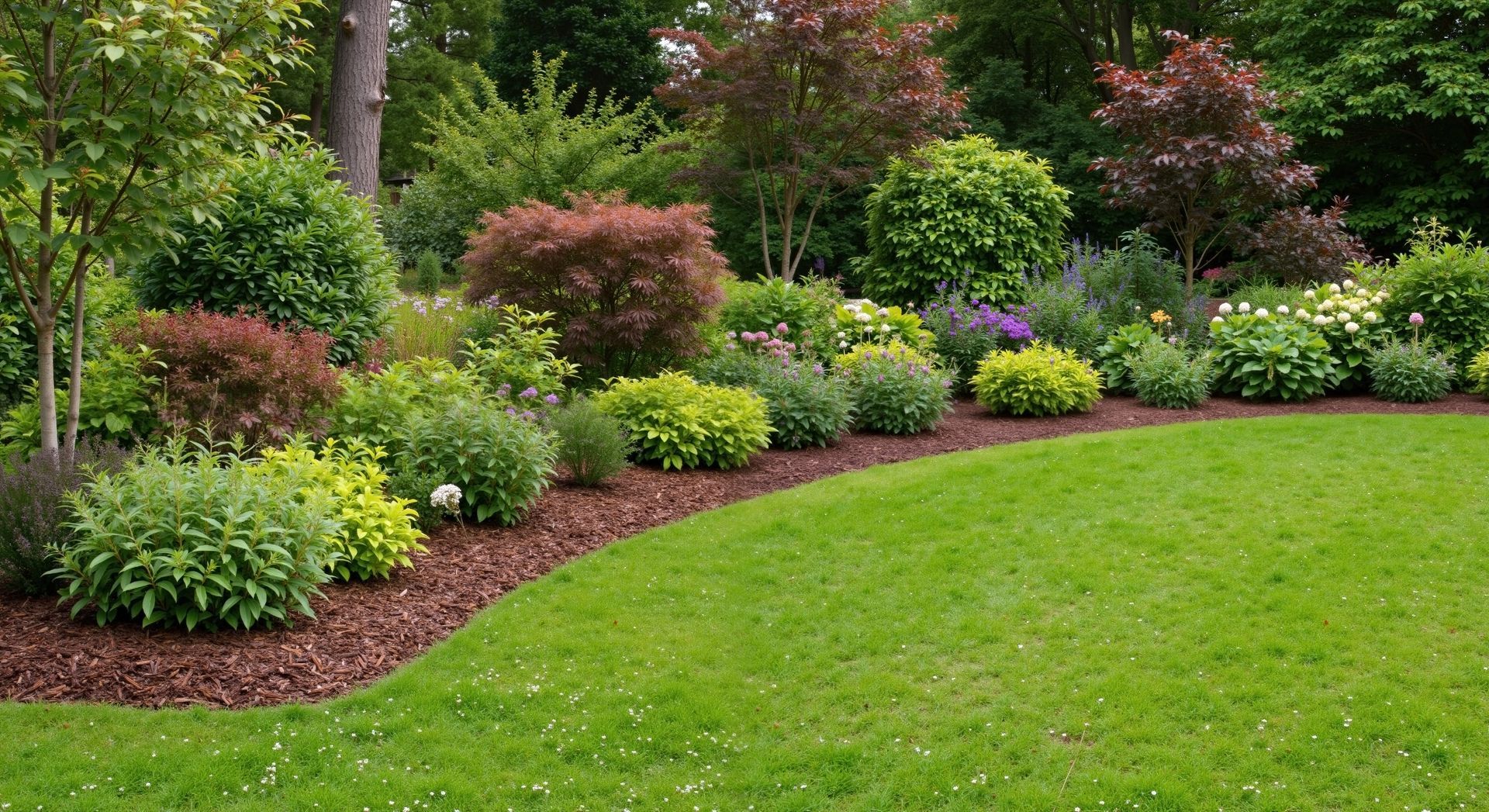 Landscaped flower bed with mixed colorful plants and green lawn edge. Landscaped flower bed with mixed colorful plants and green lawn edge.