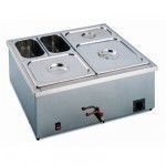 Stainless steel countertop food warmer with four covered compartments.