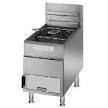 Commercial stainless steel range with gas burner and oven, inside a kitchen.
