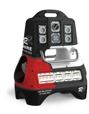 Red, white, and black electrical power distribution box with various outlets, a handle, and a company logo.