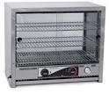 Stainless steel food warmer with glass sliding doors and wire racks.