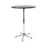 High-top table with a dark circular top and a chrome base, suitable for standing.