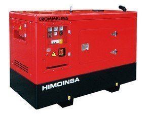 Red and black Crommelins Himonsa generator. Industrial equipment with control panel and soundproof housing.