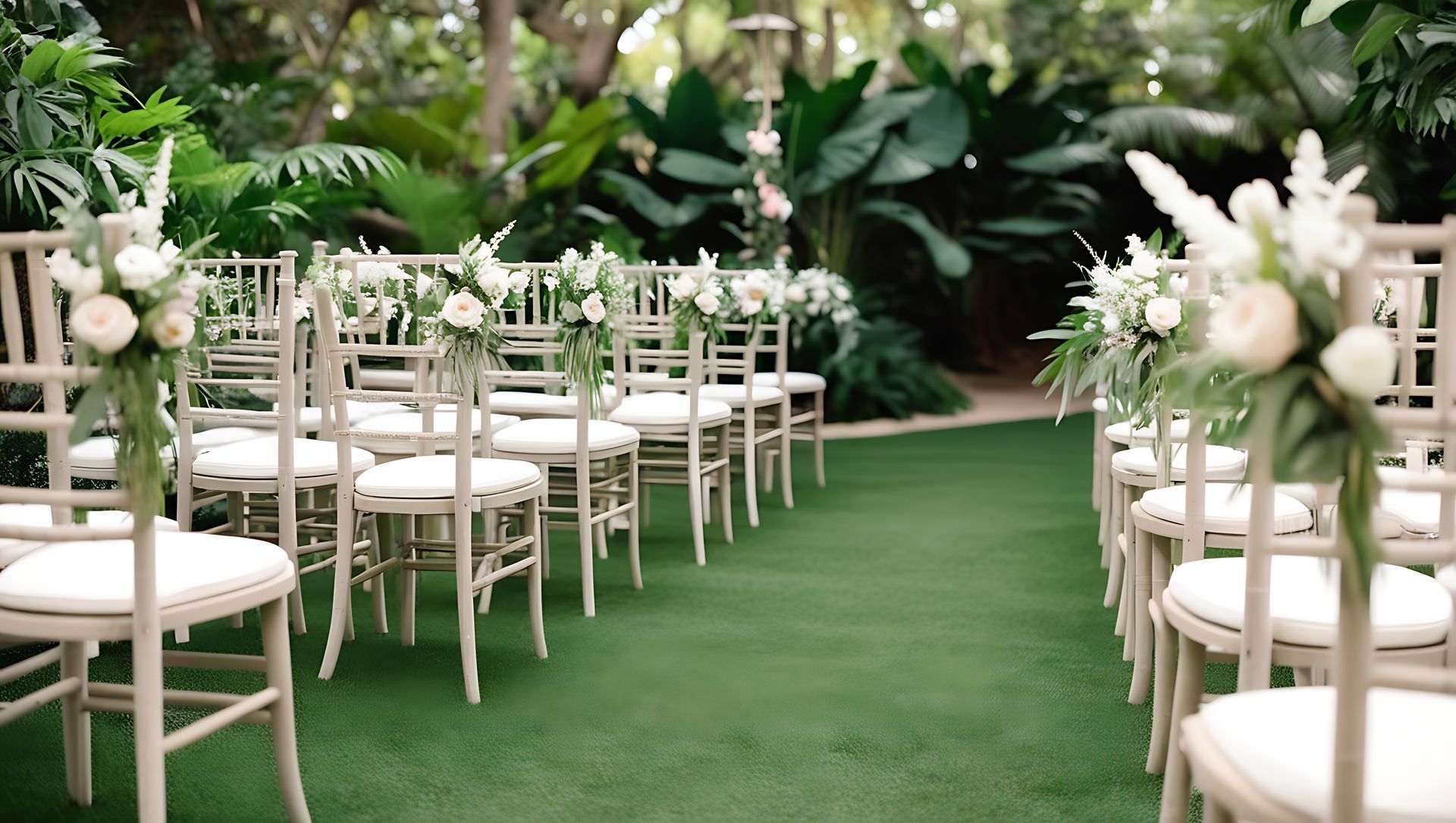 Row of elegant white chairs arranged outdoors for an event with greenery in the background. Row of elegant white chairs arranged outdoors for an event with greenery in the background.