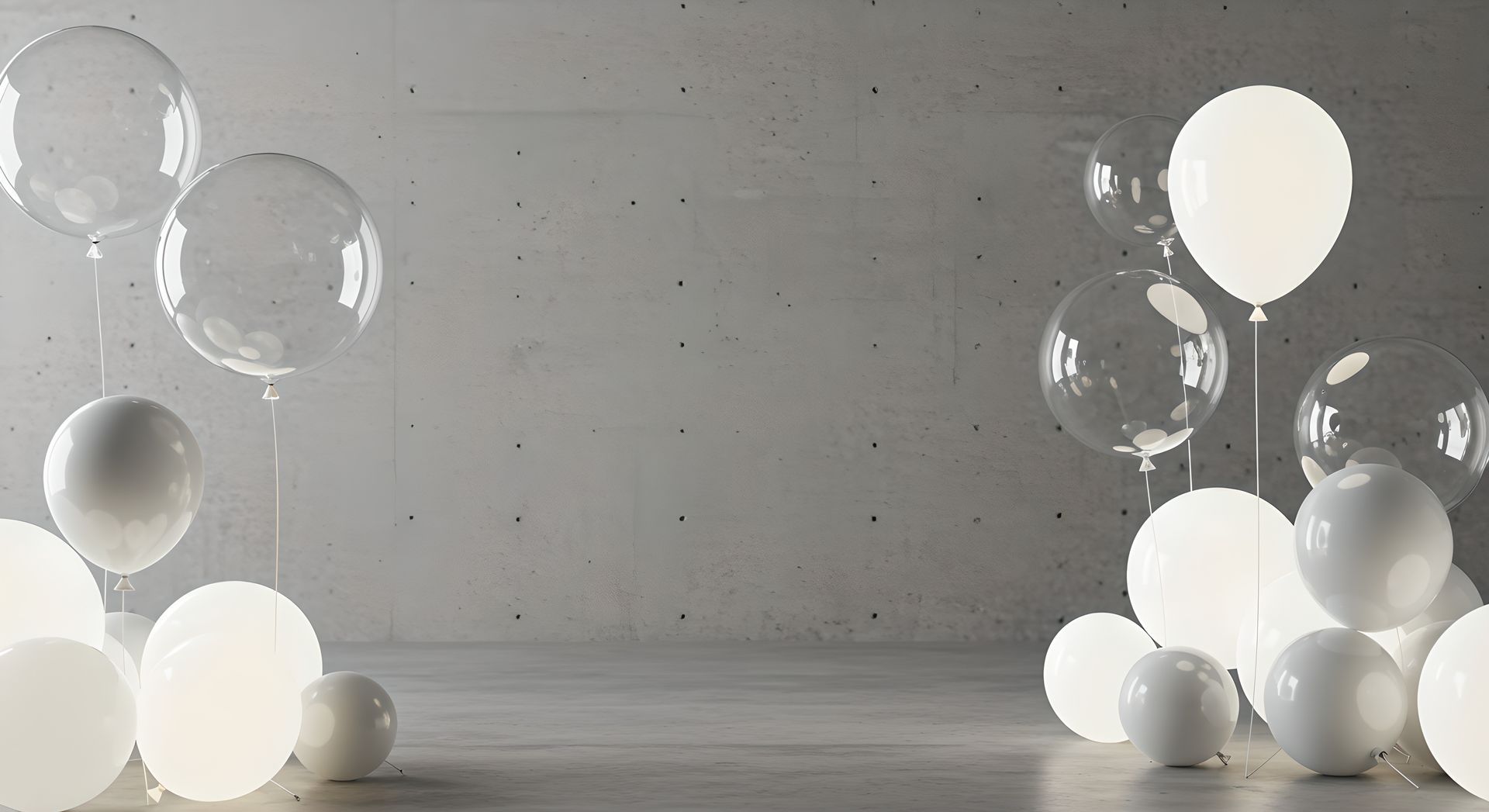 View of elegant white and transparent balloons for wedding decoration and white background.