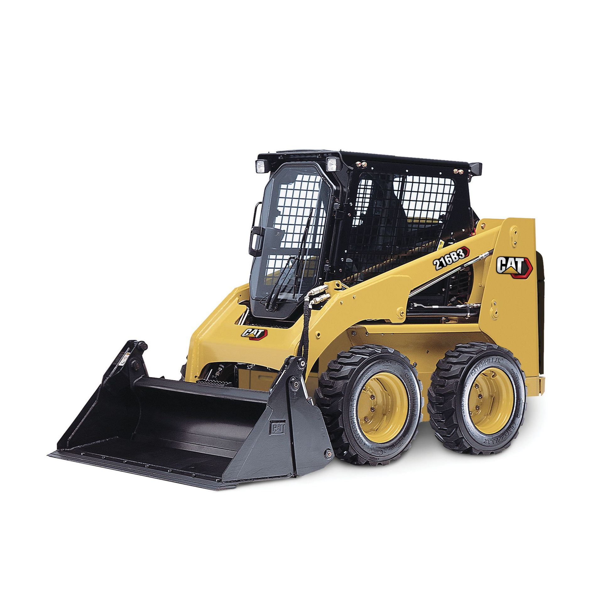 Yellow Caterpillar skid steer loader with bucket.