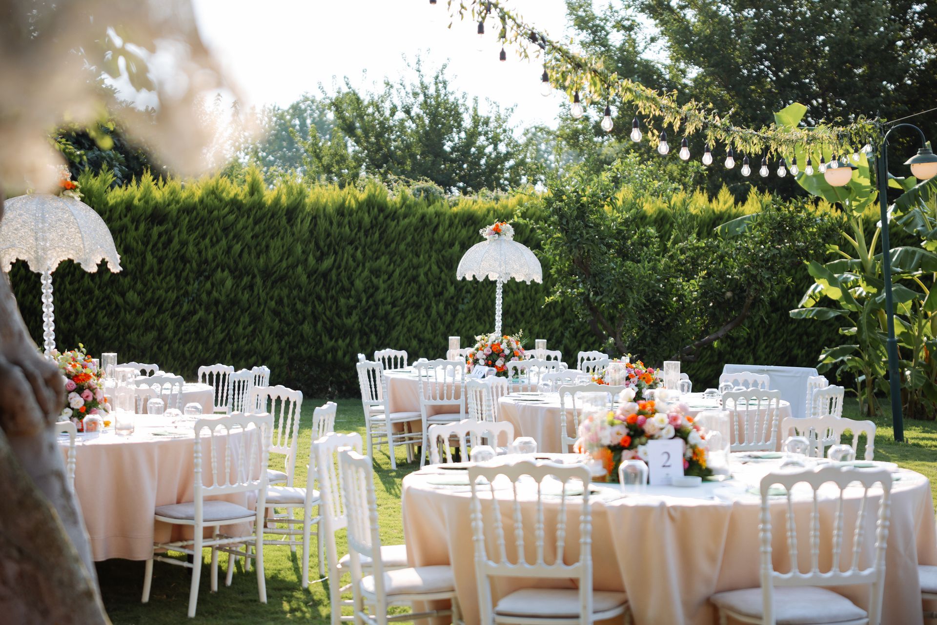 Wide view of an outdoor party set up, with white tables, chairs, and utensils. Wide view of an outdoor party set up, with white tables, chairs, and utensils.