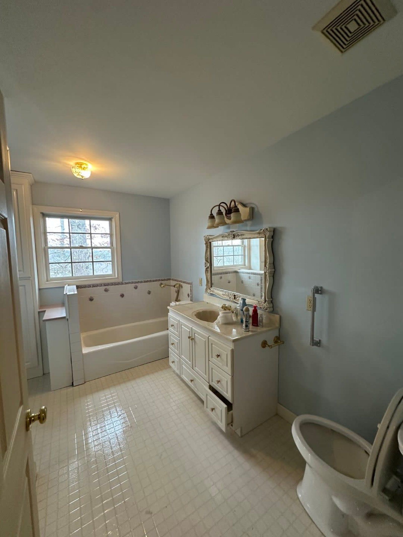 Bathroom with white vanity, toilet, bathtub, and blue walls.