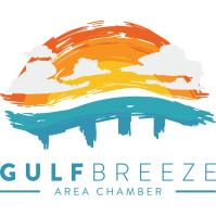 Logo for Gulf Breeze Area Chamber with stylized sunset over a blue bridge.