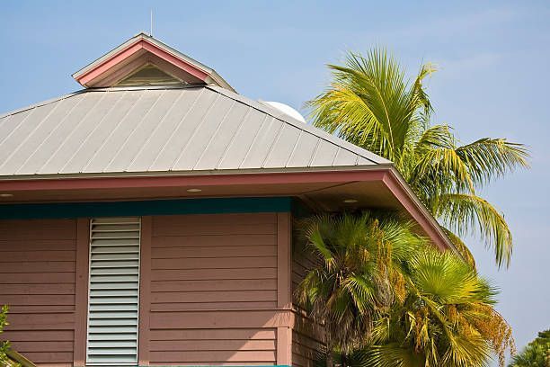 Building with a metal roof, pink siding, and palm trees against a blue sky.