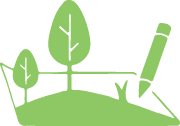 Green illustration of trees on a hill with a pencil, suggesting landscaping design.