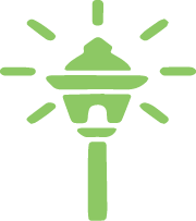 Green stylized street lamp radiating light.