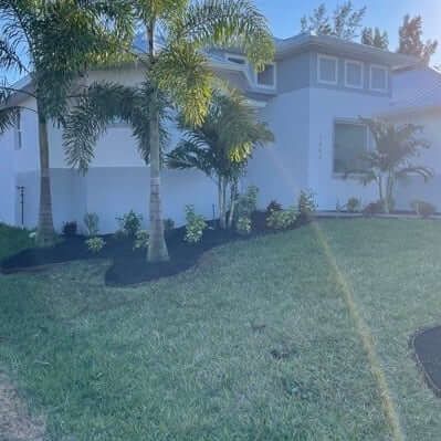 A modern white house with palm trees and green lawn.