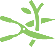 Green pruning shears cutting branches.