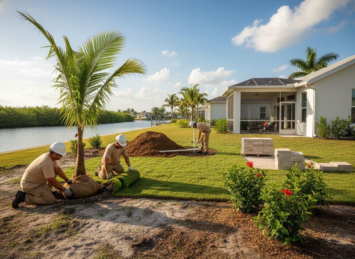 Winding turquoise pool with palm trees, lush green grass, and blooming flowers under a sunny sky.