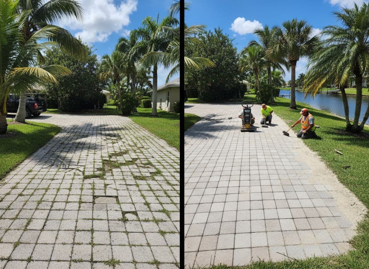 Gray paver driveway leading to a house entrance, surrounded by green grass and tropical plants.