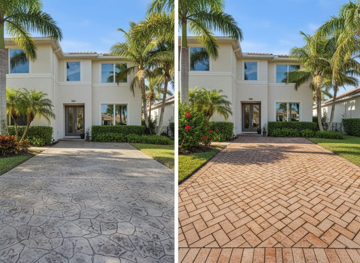 Brick driveway leading to a house with a wooden garage door, surrounded by plants.