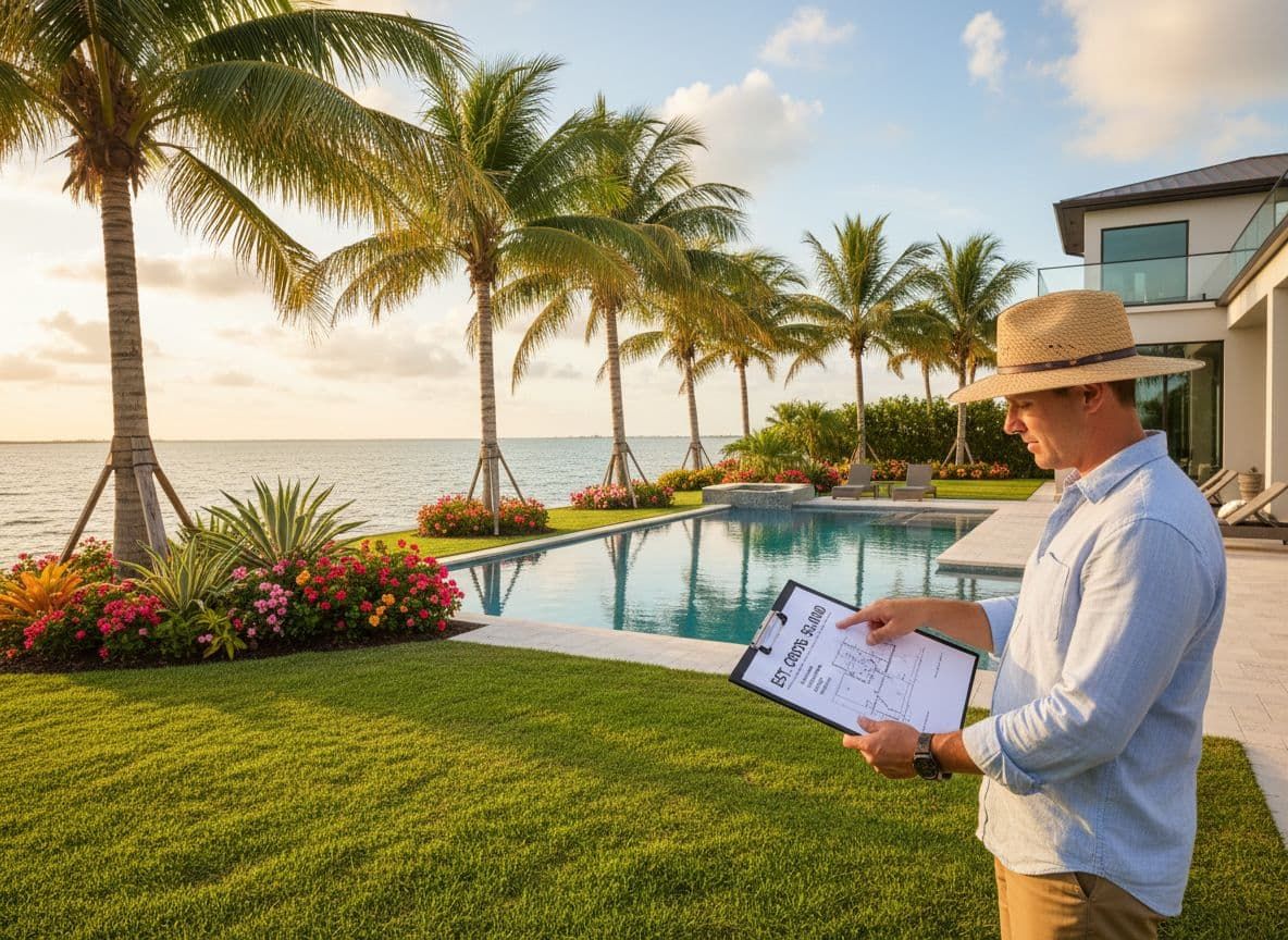Paved path leads to a pool surrounded by palm trees, lush greenery, and red flowers on a sunny day.
