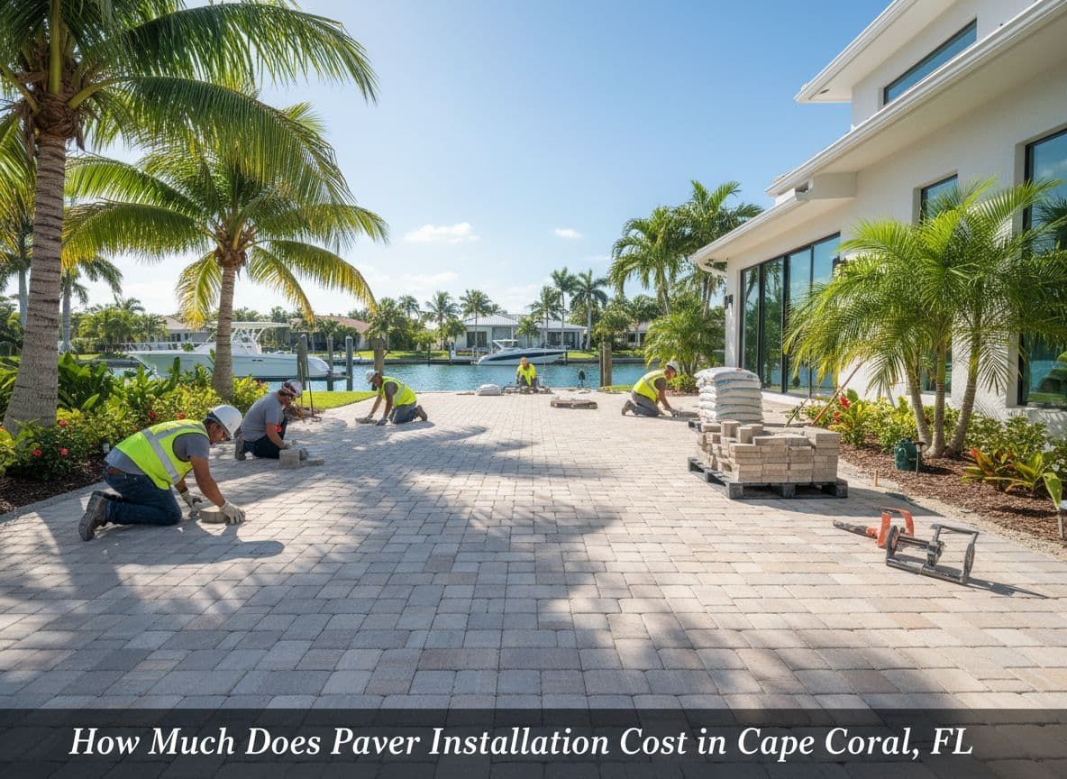 Exterior of a luxurious home with a driveway, pool, patio, palm trees, and lush greenery.