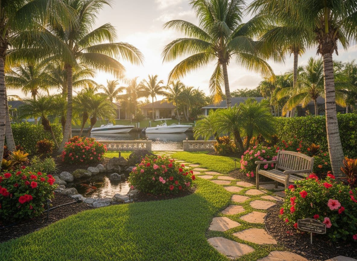 Luxurious house with pool, palm trees, and landscaped yard.