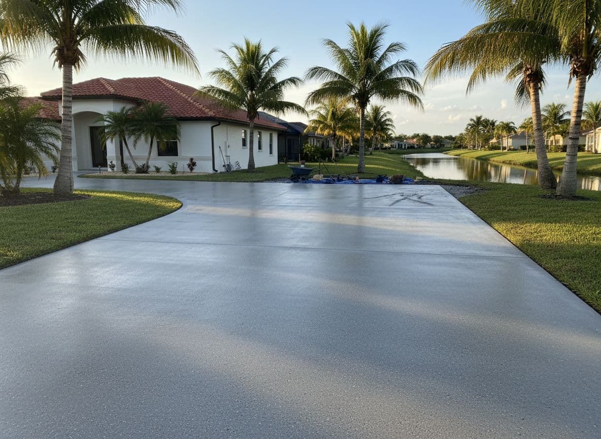 A white house with a garage, driveway, and palm trees.