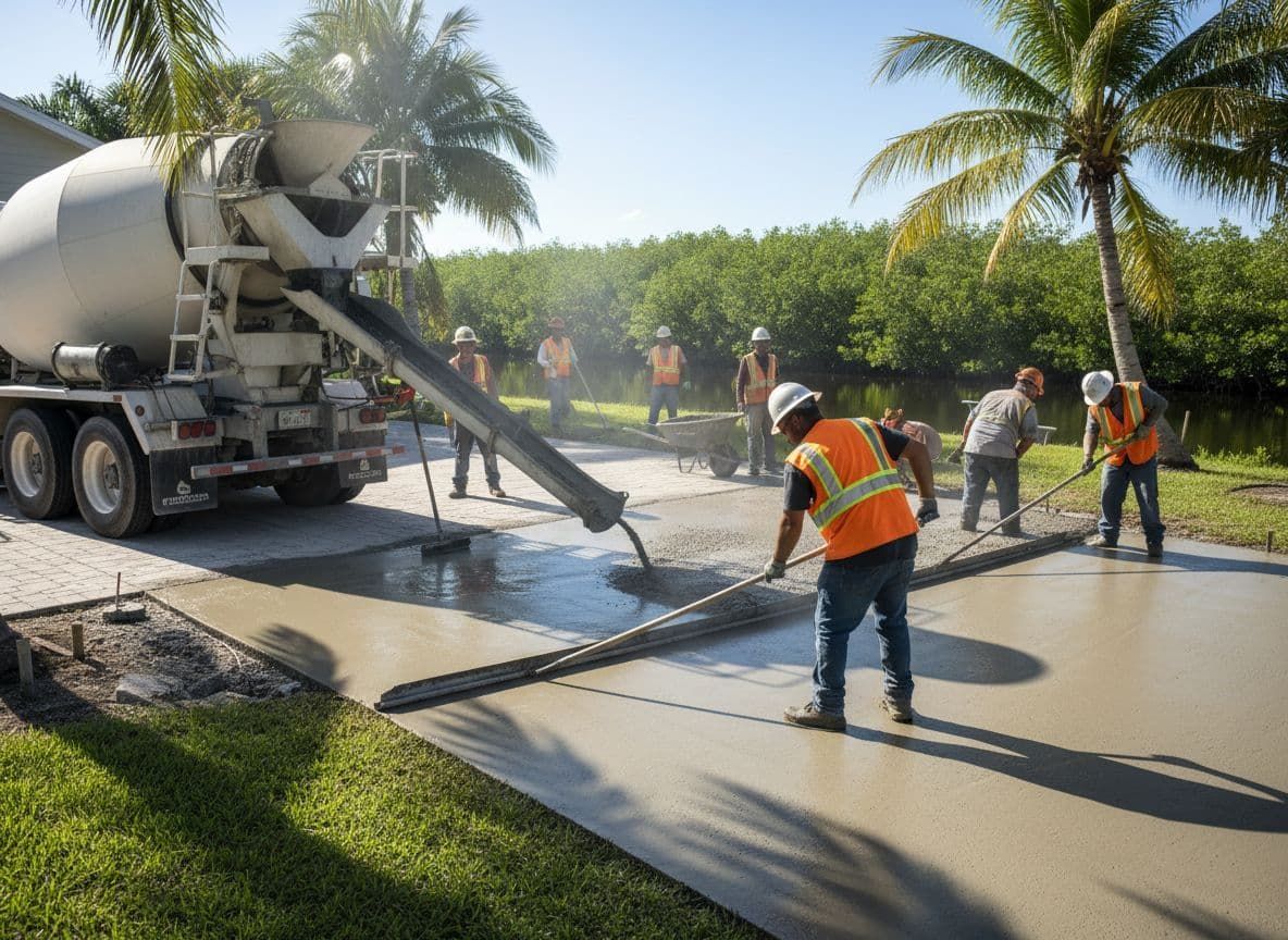 A modern house with a glossy patio, lush greenery, and palm trees under a sunny sky.