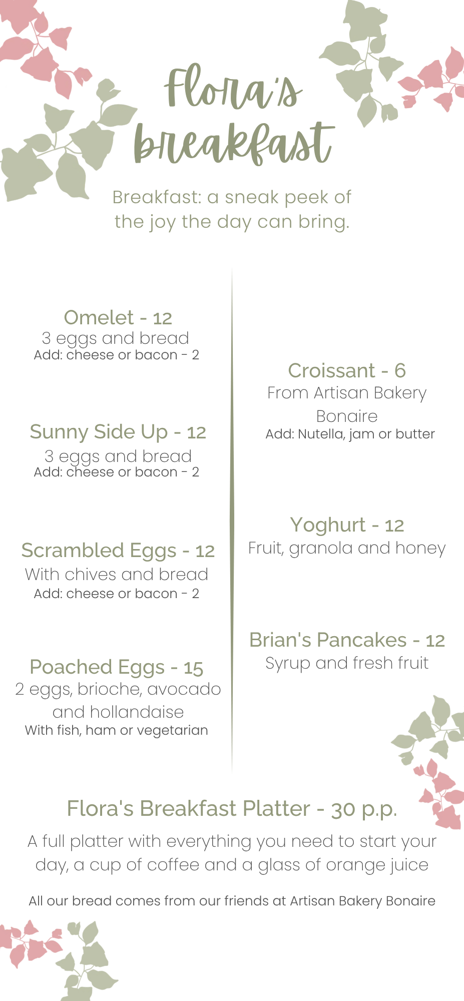 Een foto van een menu voor flora's desayuno.