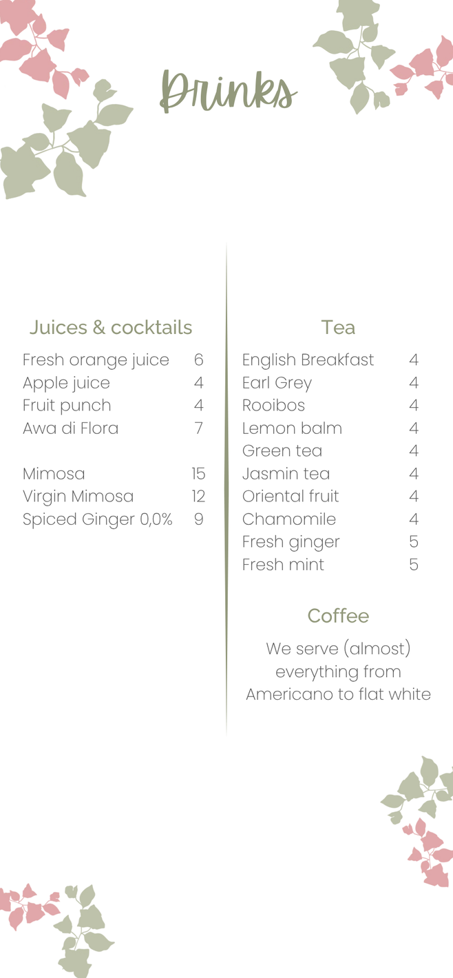 Een foto van een menu voor flora's desayuno.
