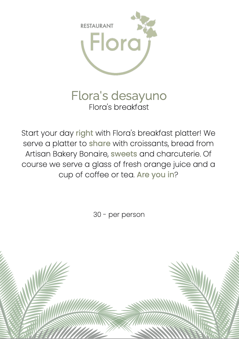 Een foto van een menu voor flora's desayuno.