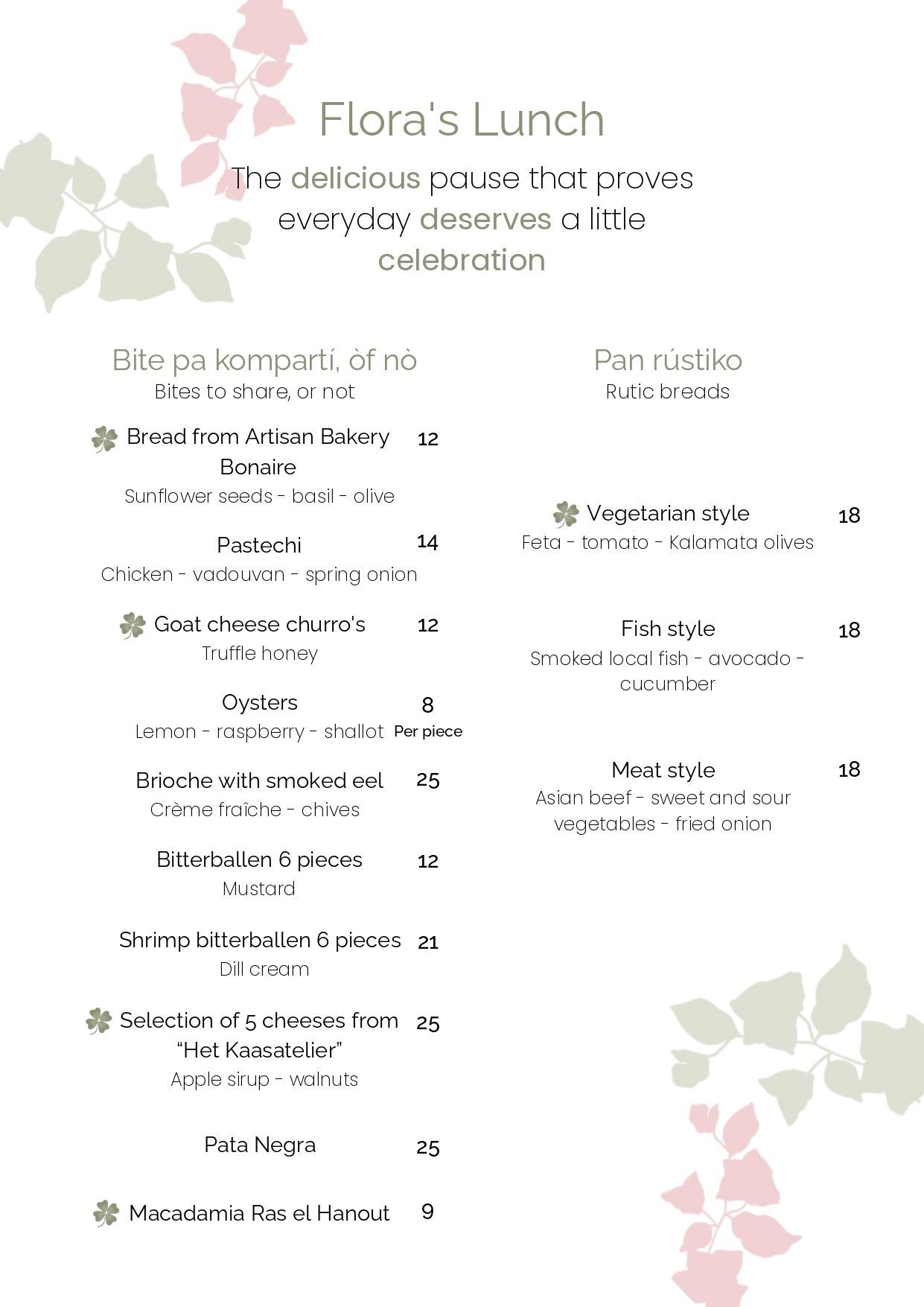 Een menu voor een restaurant genaamd Flora's Lunch