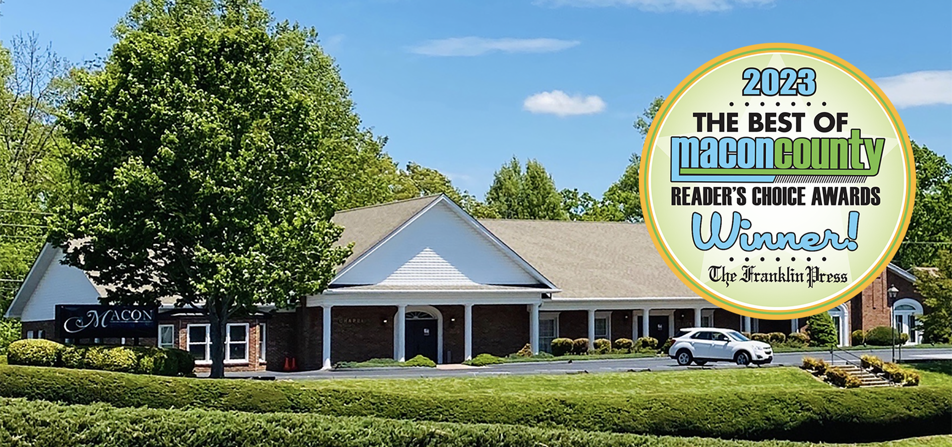Macon Funeral Home building on a sunny day with Best of Macon County logo