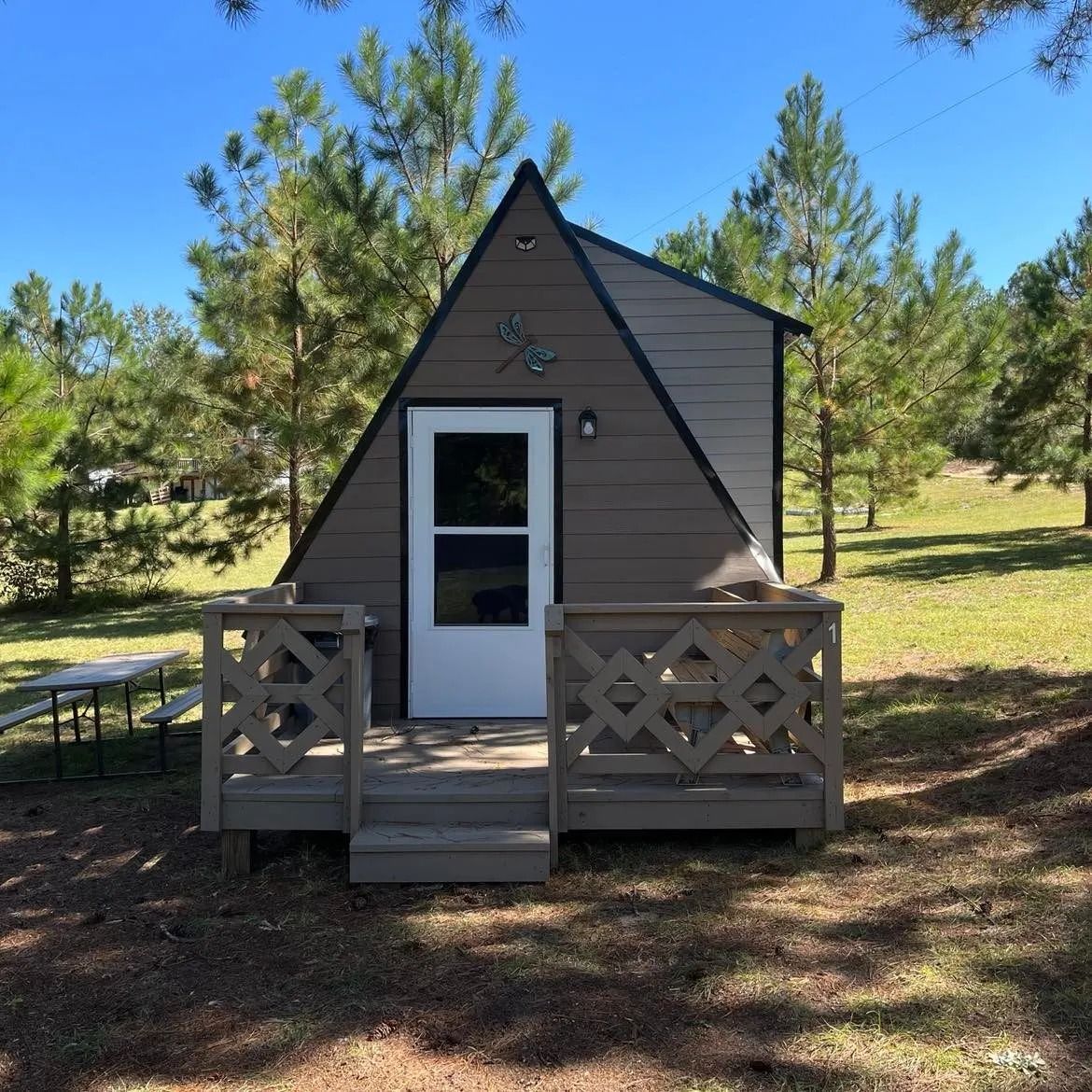 Small A-frame cabin with white door and porch, set among pine trees on a sunny day