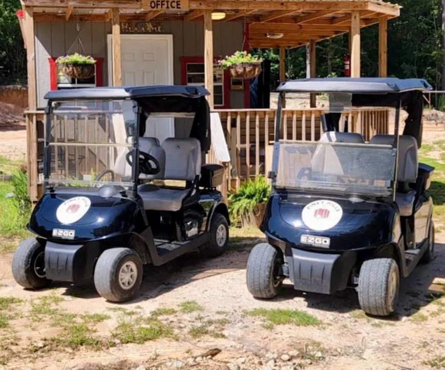 Two dark blue golf carts parked outside an office building