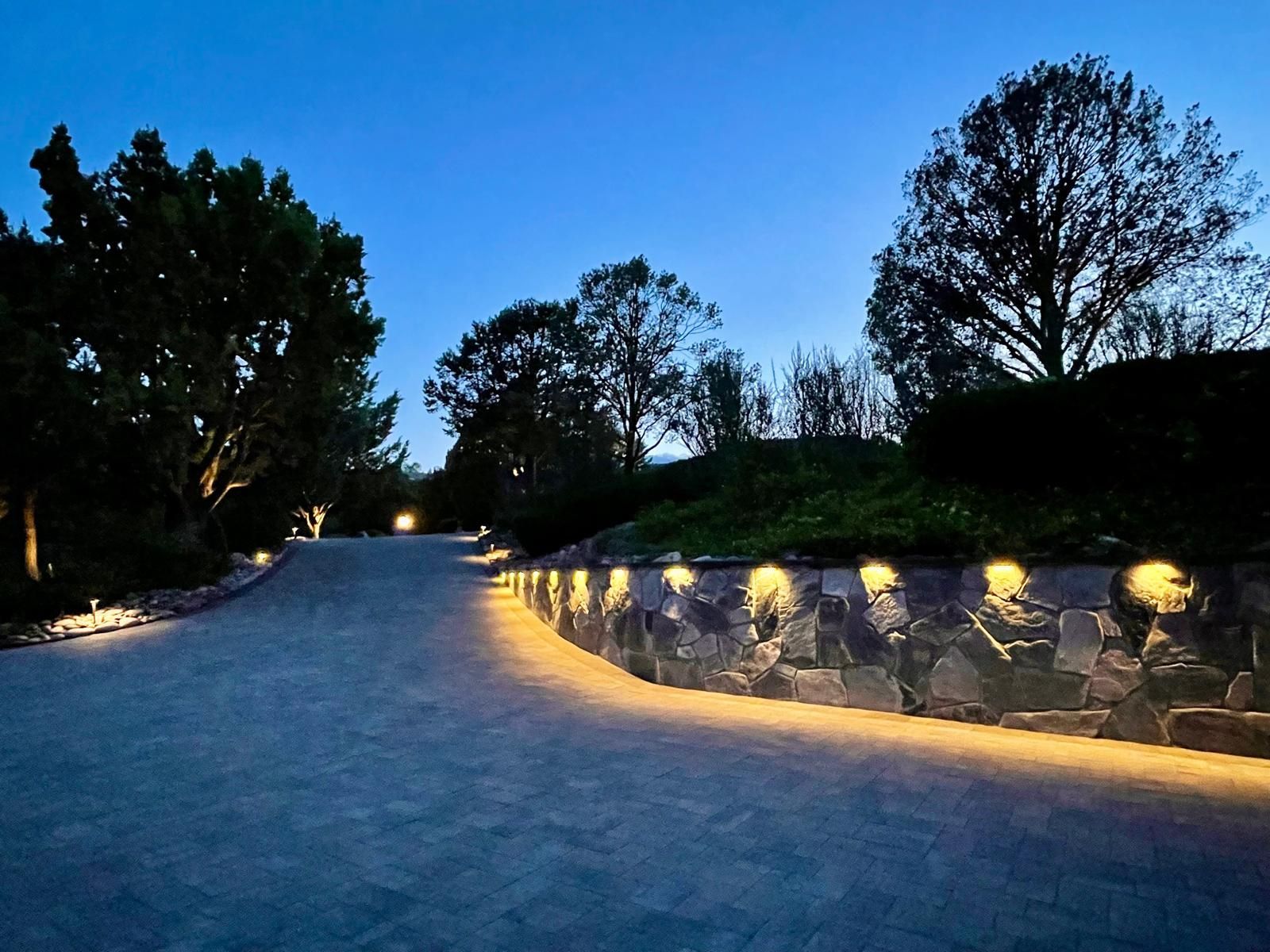 A house with a brick driveway and a shed in the backyard