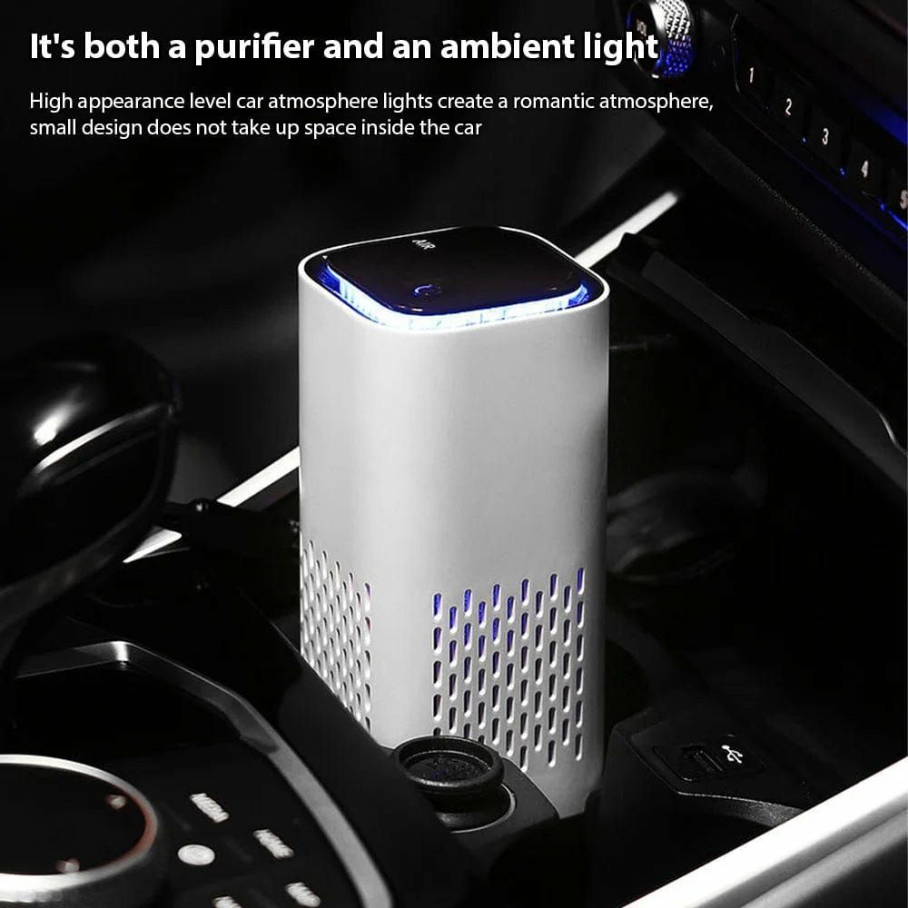 Purificador de aire para coche de color blanco y luz ambiental azul.