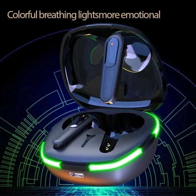 Auriculares inalámbricos en estuche de carga con luces de respiración de colores.