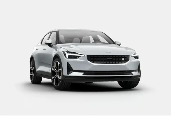 Silver Polestar 2 electric vehicle, front view, on a white background.
