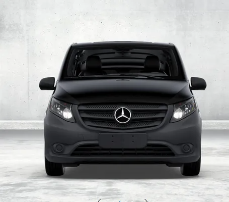 Black Mercedes-Benz Metris van parked in front of a gray wall.