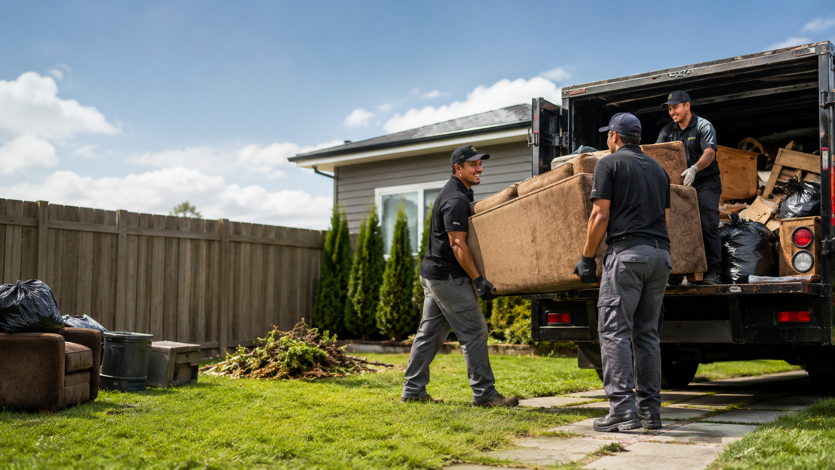Junk removal crew cleaning trash from a backyard