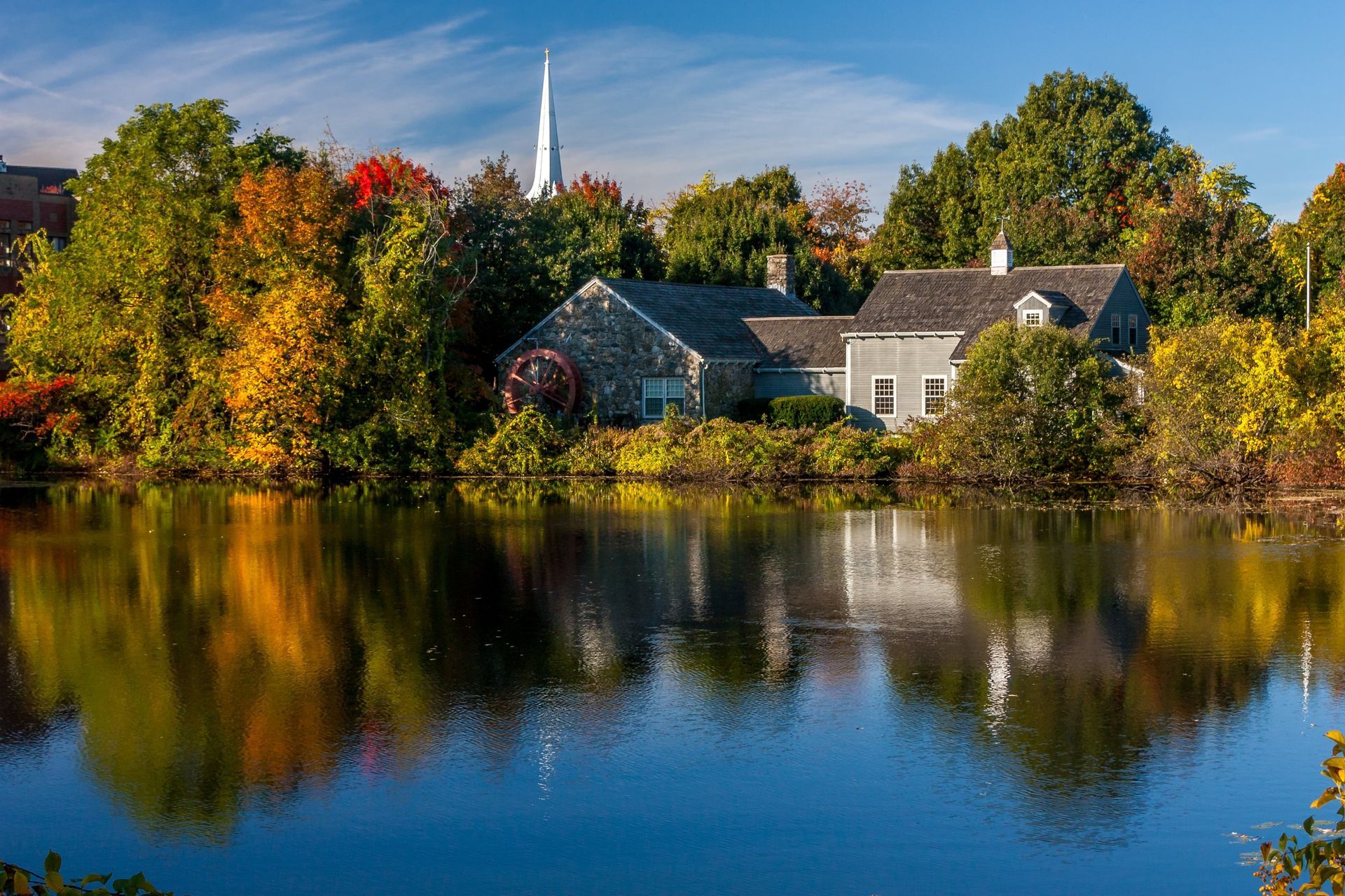Family smiles outdoors; child on father's shoulders, mother looking up.