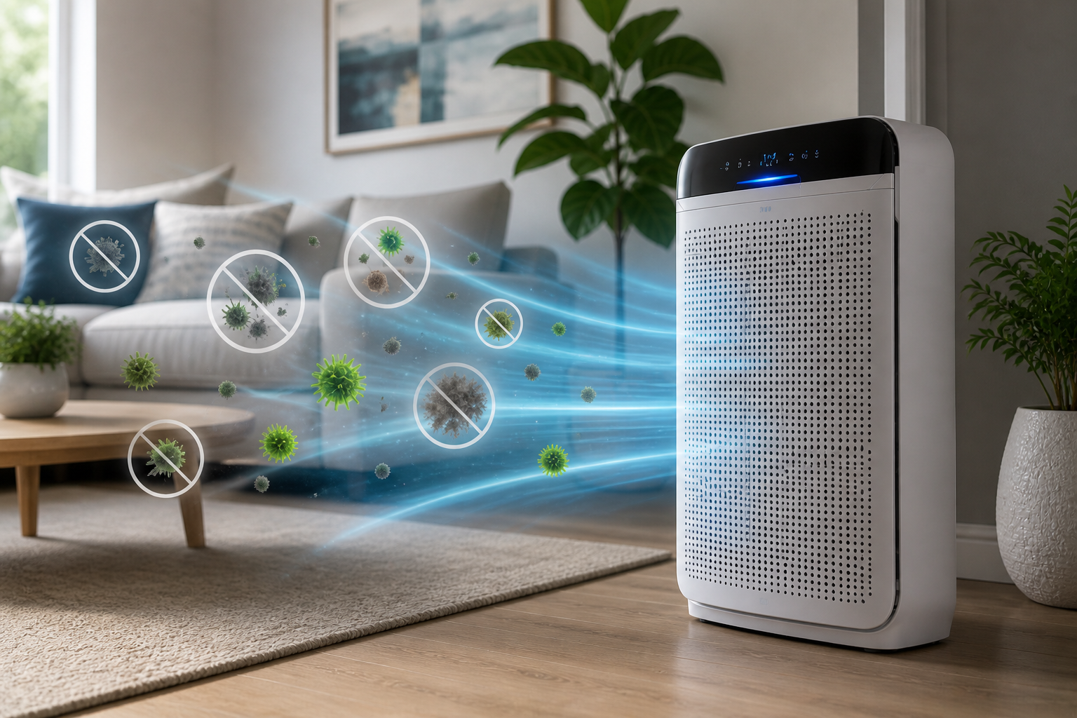 White air purifier in a living room emits clean blue air toward floating dust and allergens.