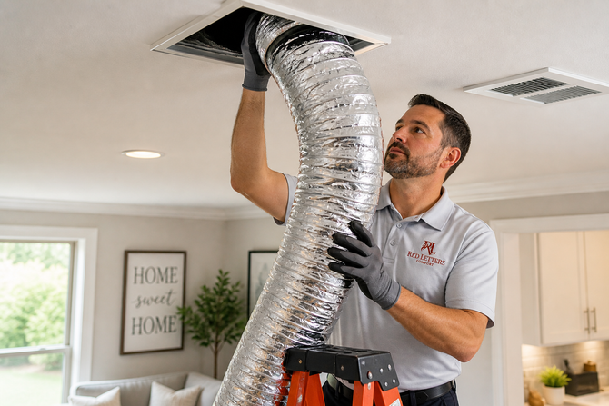 Learn more about our Ventilation & Ductwork Services Technician cleaning ceiling vent with flexible duct hose in a bright home interior