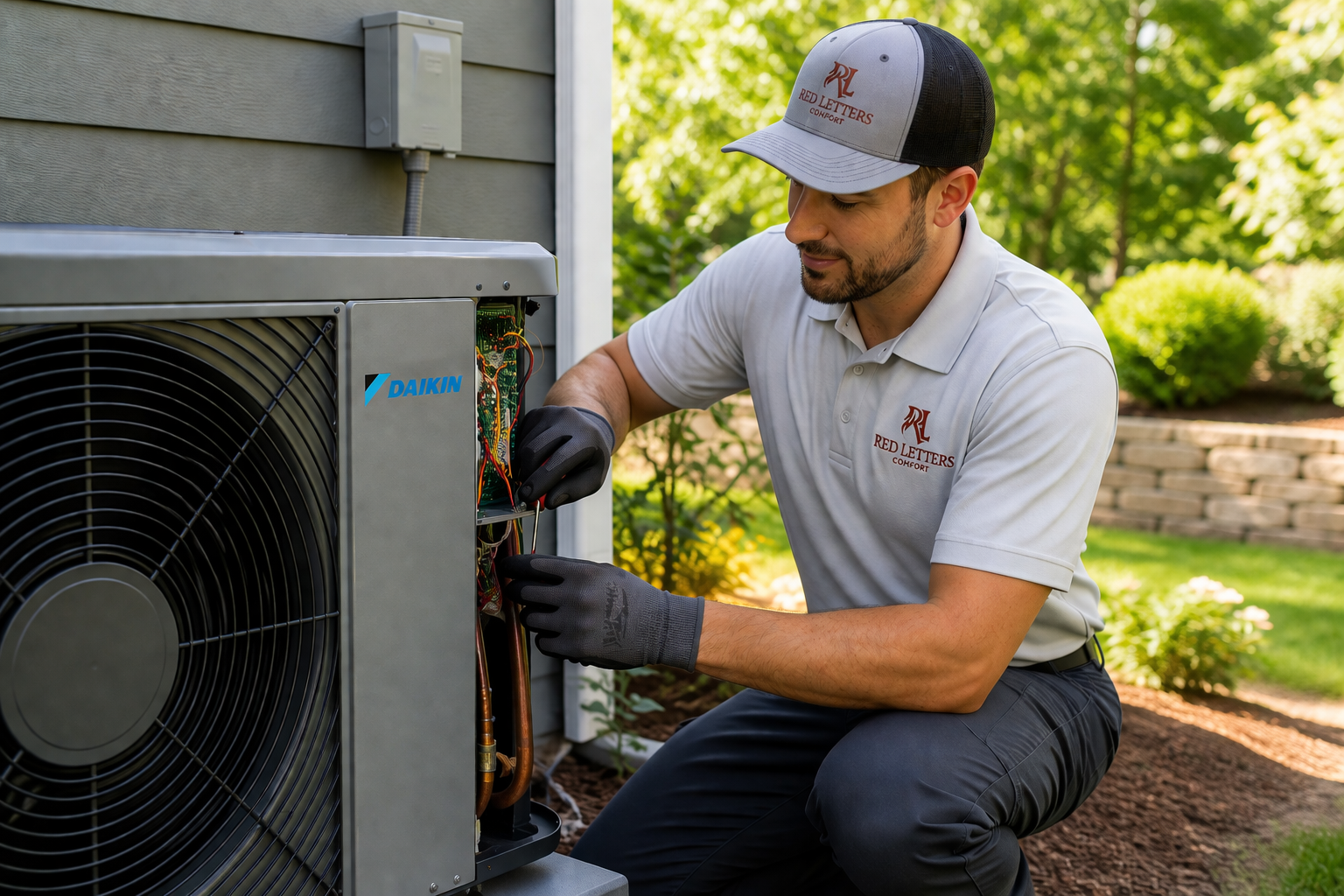 Technician repairing an outdoor air conditioner unit beside a house