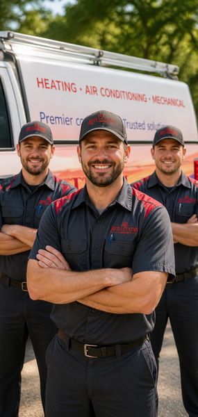 Three HVAC technicians in dark uniforms standing in front of a service van, smiling with arms crossed.